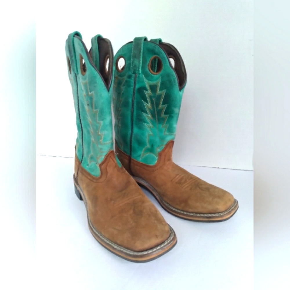Cowboy Western Boots Square Toe Turquoise Brown‎ Leather Work Boots